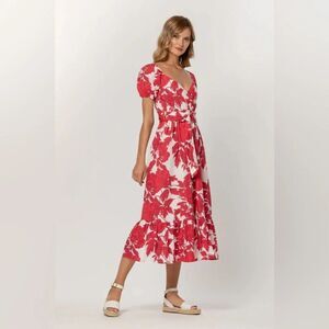 NWOT women’s LUSANA LEETA BELTED Rosa Reed & white floral midi DRESS xs small